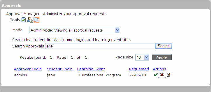 example of the page on which an approver approves and rejects requests for enrolment