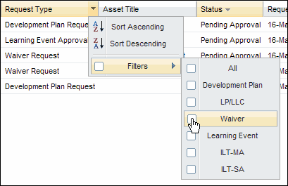 Graphic that shows how to filter the requests to include only waivers