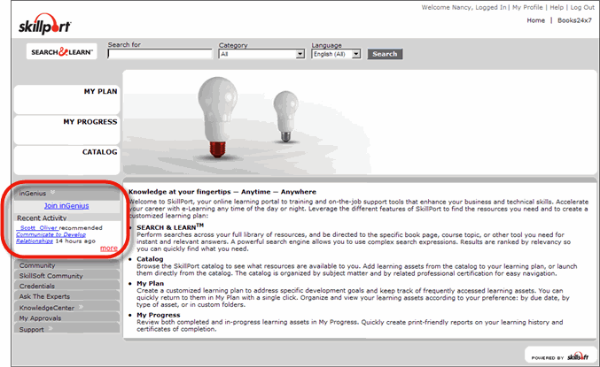 inGenius on the SkillPort Home Page