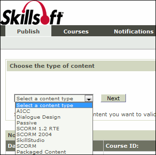 Select content type dropdown menu