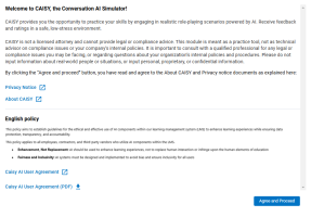 AI policy modal showing standard and custom policy with links to URLs and PDF documents.