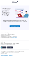 Email template #6 with an image of a person at a desk with a computer and headline: First name you can be leading the AI charge.