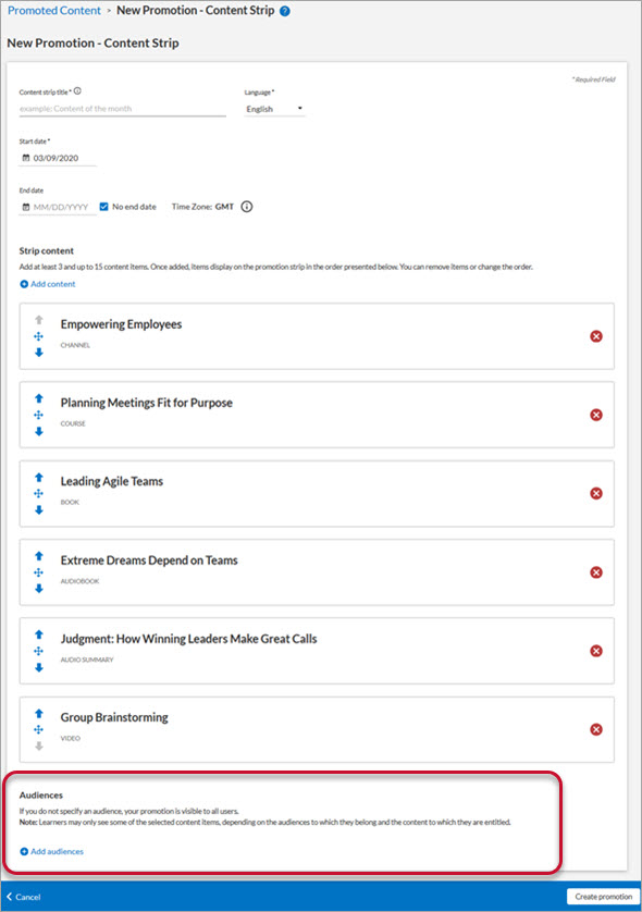 Add Audiences field on new promotion- content strip page