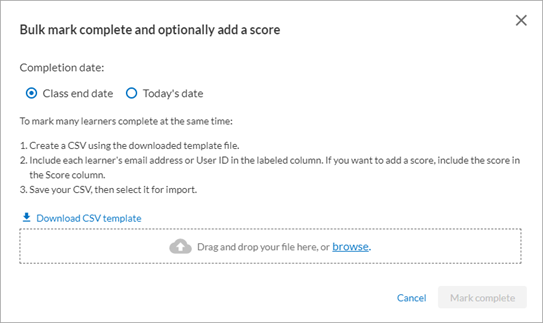 Bulk mark complete and optionally add a score pop up