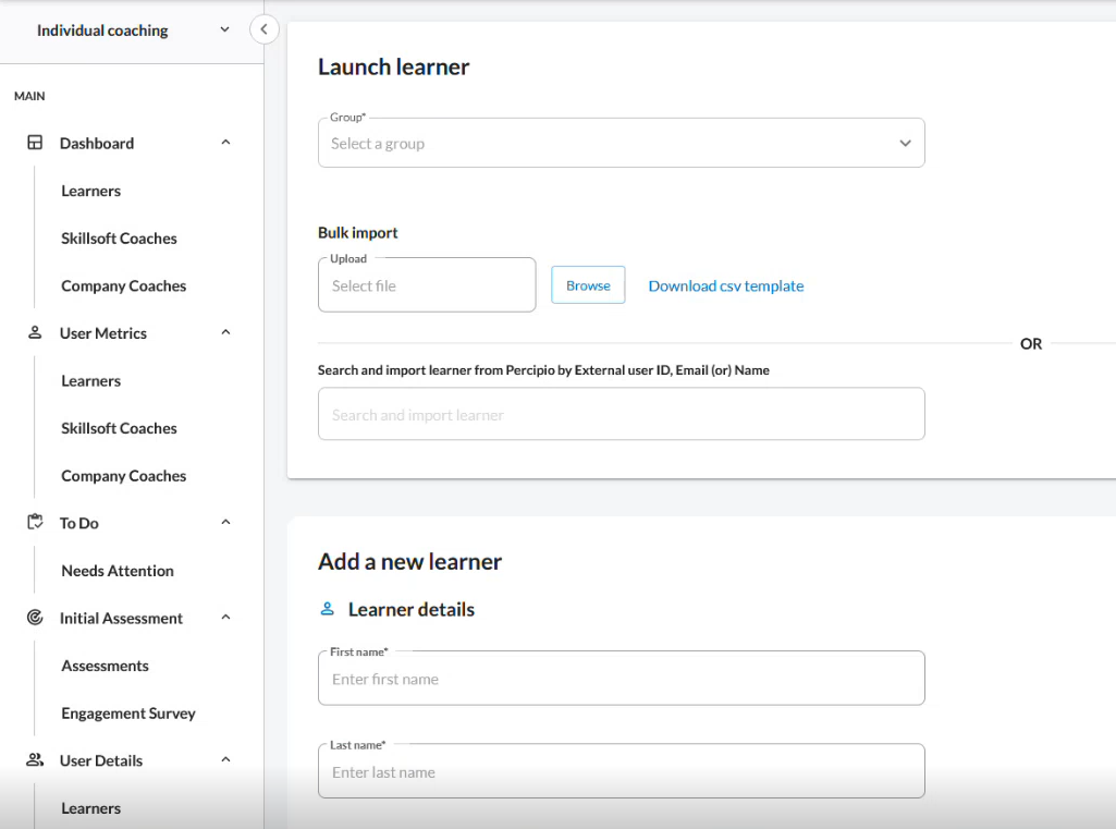 Add learner page showing fields for group, bulk import, learner selection, and add new learner details.