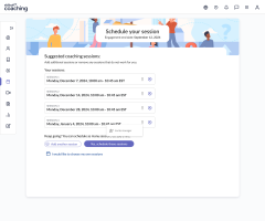 Schedule you session page showing a list of dates and times that the learner can choose to set up their next coaching session.