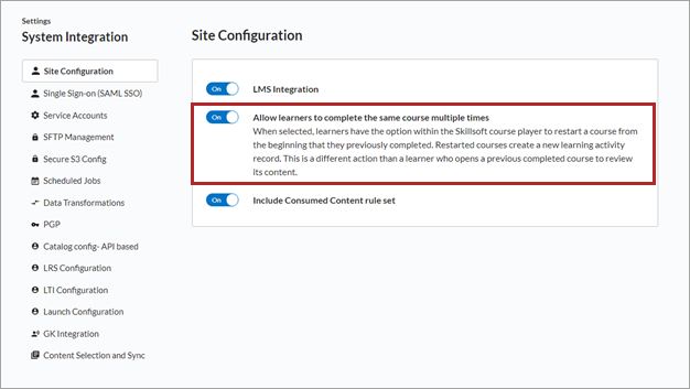 Allow learners to complete the same course multiple times setting on the site configuration page