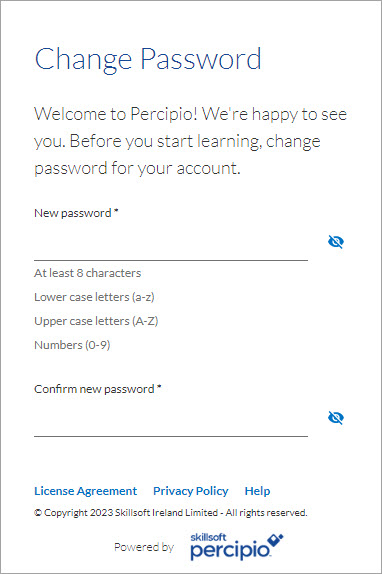 Screenshot of the change password page. Fields for new password, and confirm new password.