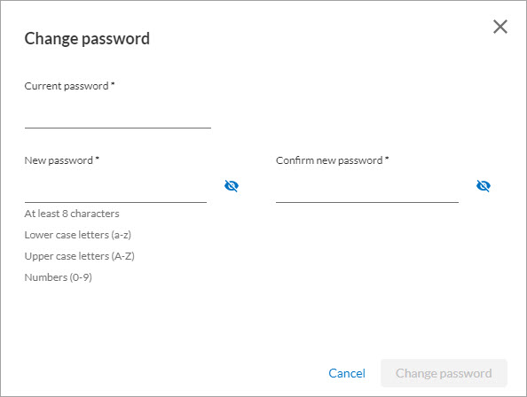 Change password pop-up that appears when "change password" is selected from the My Profile page