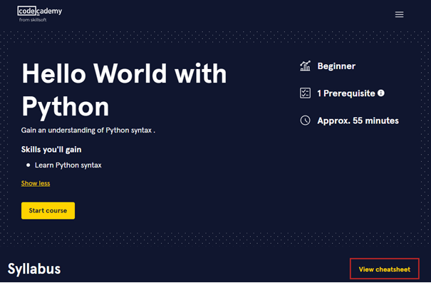 Example of a codecademy course with the view cheatsheet button highlighted.