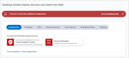 Assignments tab on the Percipio home page showing past due assignments.