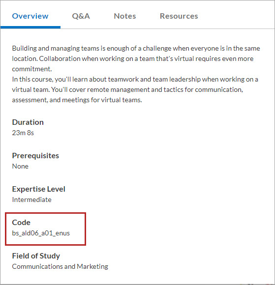 Screenshot of the overview tab on a course. Code is one of the fields under the overview tab, and shows the code that defines that specific course.