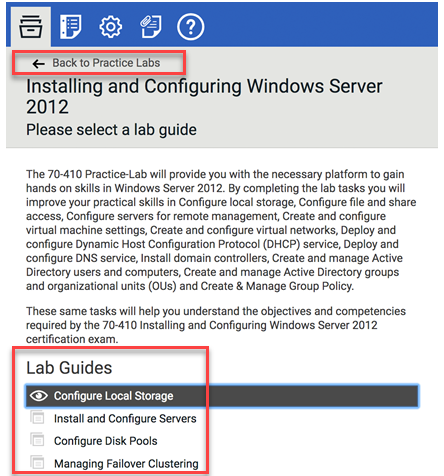 Left navigation with Lab Guides view showing. The back to practice labs button is in the top left.