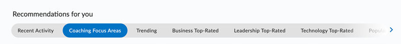Coaching focus areas tab on the Percipio home page. Located under Recommendations for you.