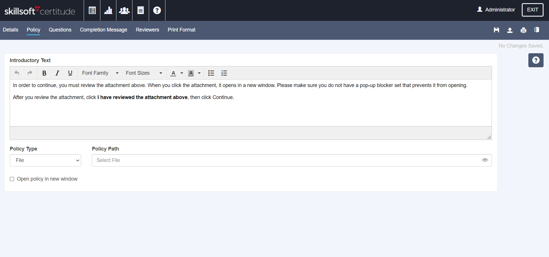 Certitude policy page. Introductory text field
