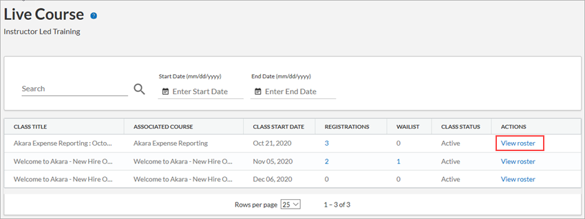 Instructor schedule page. Button to view roster next to each class listed.