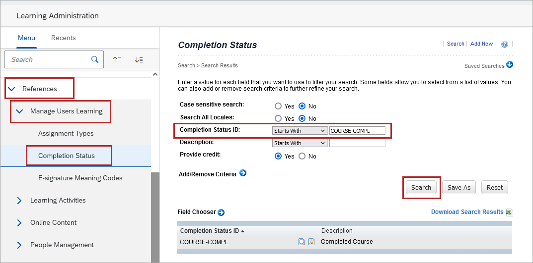 Completion status ID search