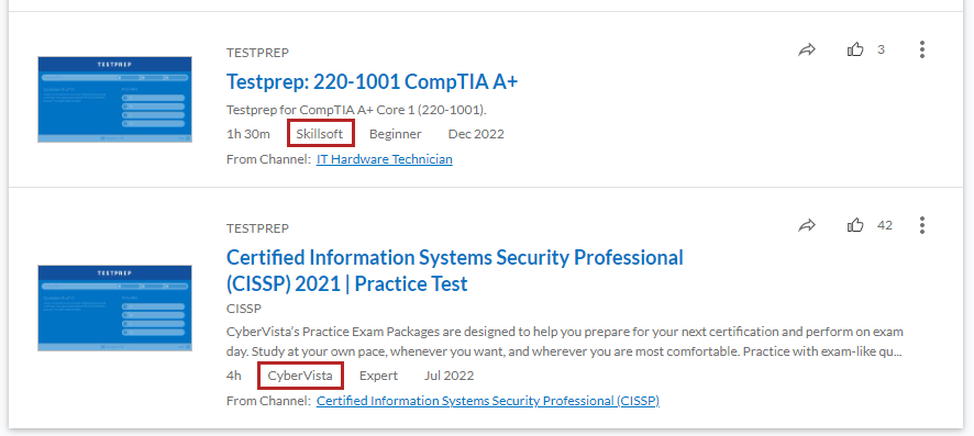 Two testprep content cards. One has a source field of Skillsoft and the other has a source field of CyberVista.