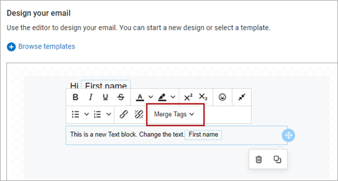 Design your email page with the merge tabs dropdown circled in red.