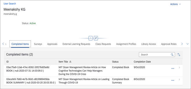 Completed items tab for a user