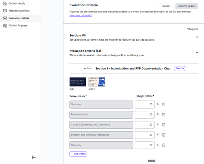 Evaluation criteria page with Evaluation critieria expanded showing Delivery style criteria and the weight distribution