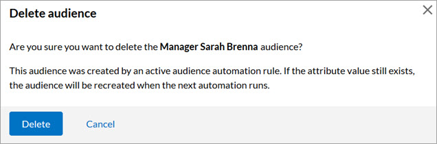 delete audience message. Buttons to delete or to cancel.