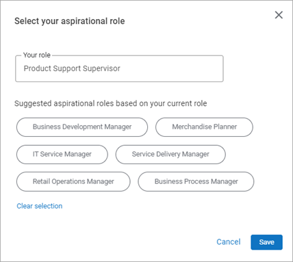 select your aspirational role pop-up. Shows fields of your role, and suggested aspirational roles based on your current role.