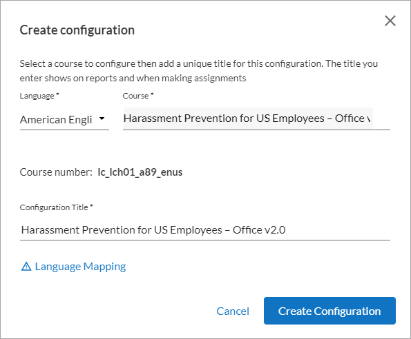 Create configuration pop up showing language, course title, and configuration title.