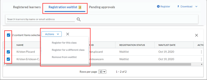 Registration waitlist tab. Actions dropdown button with registration and remove options.