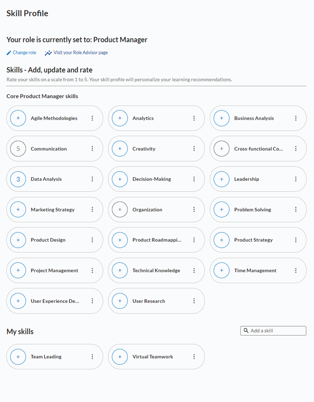 Screenshot of the skill ratings page. Gives a list of different skills based on your role.