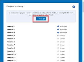 Screenshot of the Progress Summary page. The finish button is highlighted.