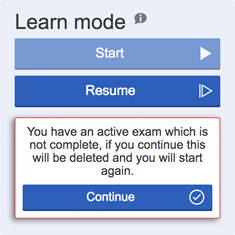 Start, Resume, and continue buttons in the Learn mode field.