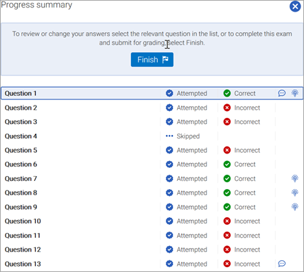 Test prep progress summary page.