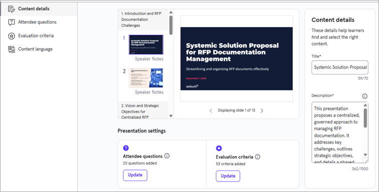 Content details page showing title and description and links to Attendee questions and Evaluatio criteria.
