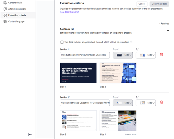 Evaluation criteria page showing the Sections area expanded with two sections defined.