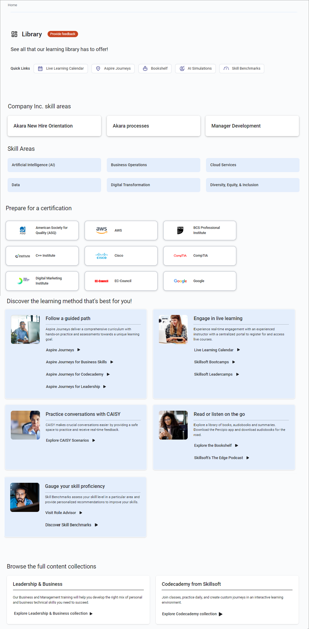 Screenshot of library. Shows skill areas, certifications, and alternate learning methods.