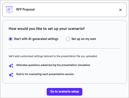 Dialog box showing two options for creating a scenario, either through AI or on your own