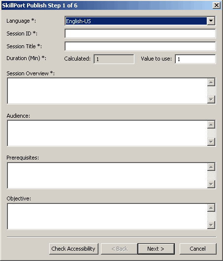 session properties screen for direct pubishing to SkillPort