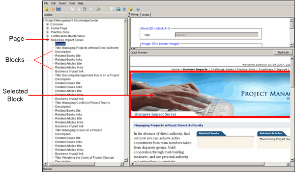 Outline pane, Quick Preview pane, and Design tab