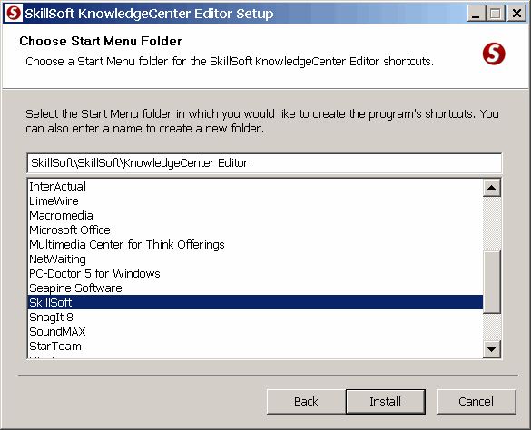 Knowledge Center Editor Choose Start Menu Folder window