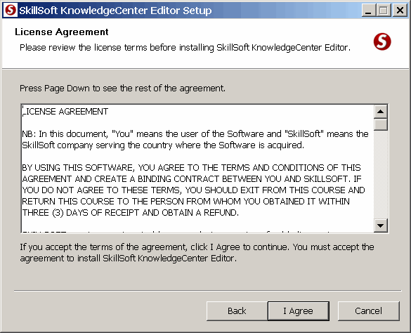 Knowledge Center Editor License Agreement Screen