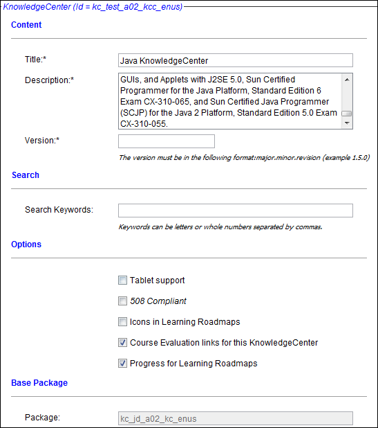 KnowledgeCenter Properties screen