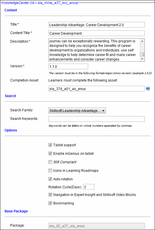 Skillsoft Advantage Properties screen