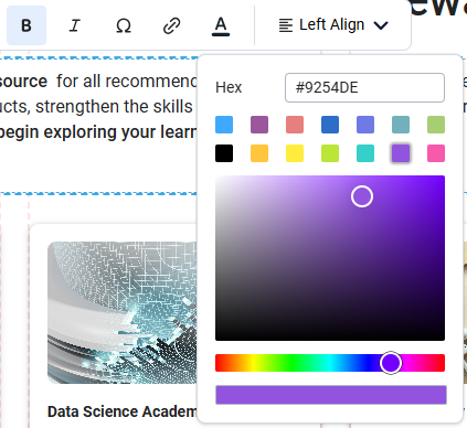Screenshot of the text color editor which contains a field for entering a Hex value, some present colors that can be selected, and visual controls for directly picking colors out of the whole color space.