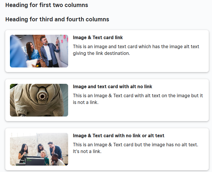 Screenshot of the same page zoomed so that everything is in a single column. The second heading is now immediately below the first, and all cards are below both headings.