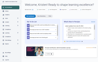My Dashboard showing quick links, three tabs for My Dashboard, User marketing, and FAQ with blocks in the middle for a to-do list, what's new in Percipio, and training resources.