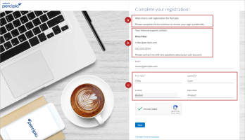 Self registration page with welcome text, internal support contact and user attributes showing
