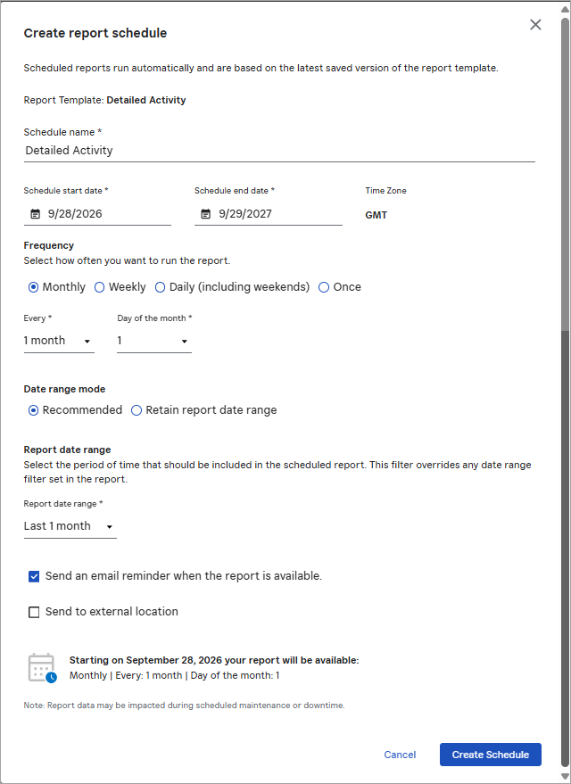 Create report schedule dialog box with all settings as described below