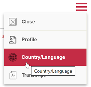 Country/Language button under menu dropdown