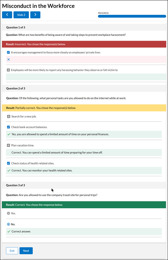 Screenshot of question review at the end of an assessment. Shows which are answers are correct, incorrect, and partially correct.